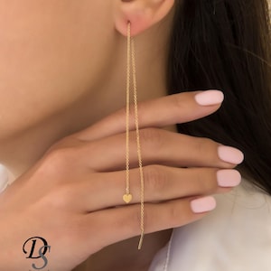Solid Gold Threader Earrings, 14k Gold Chain Earrings, Dainty Threader, Gold Threader with Charm, Threader with Heart Charm, Birthday Gift