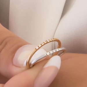 14K Solid Gold Thin Diamond Band Ring, Half Eternity, Minimalist Stacking Wedding Ring