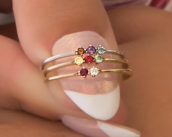14k Gold Personalized Birthstone Ring: Coloured Gemstone Family Stacking Ring