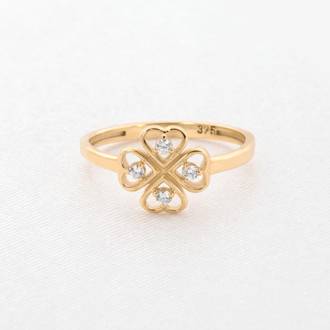 Solid 14K Gold Diamond Clover Ring, Minimalist Stacking Lucky Charm ...