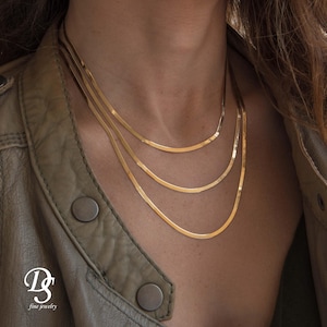 Choker Chain Necklace for Women, 14k Gold Italian Snake Chain Necklace 3 mm, Herringbone Necklace, Flat Snake Chain, Gold Layering Chain,