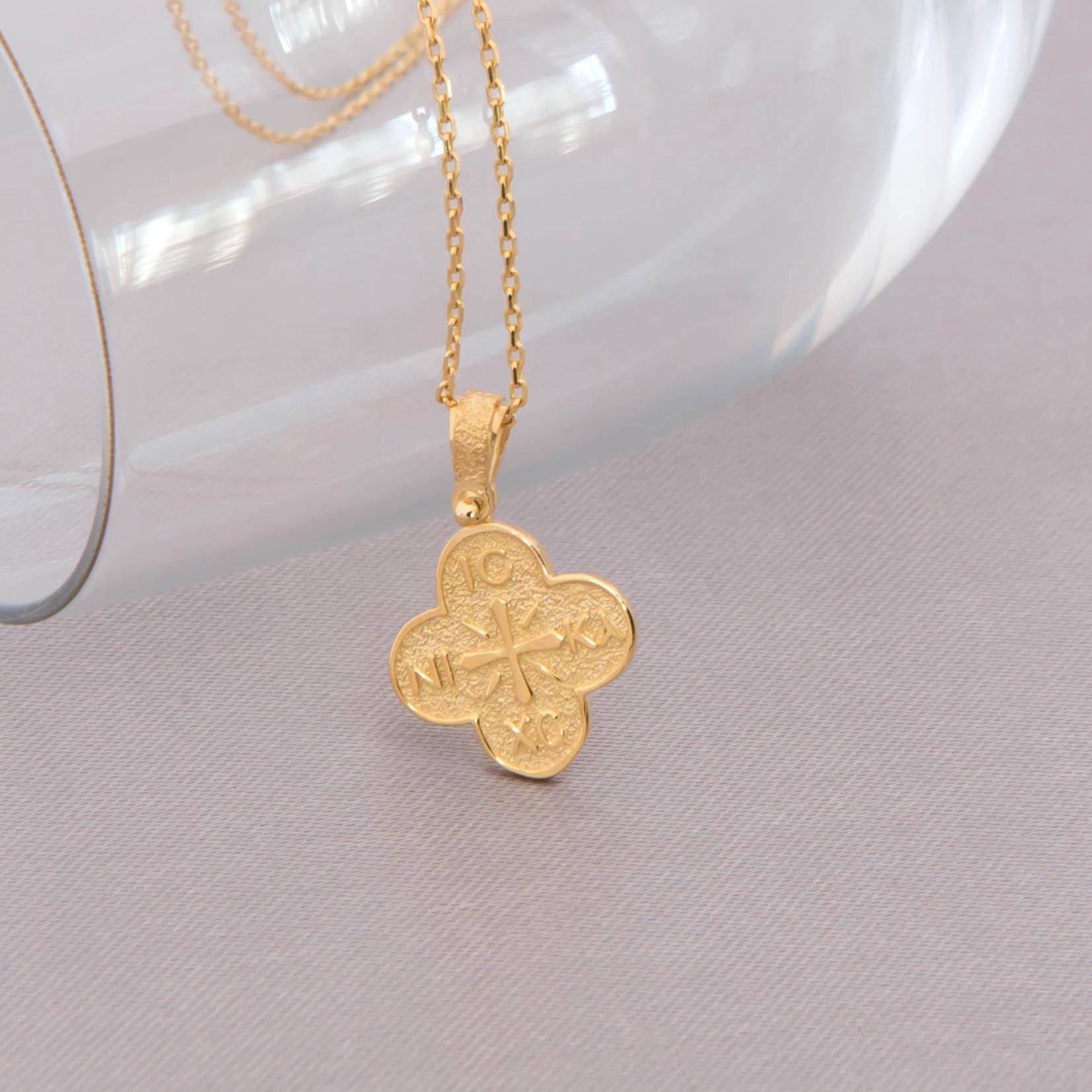 14K Gold Clover Cross Necklace, Greek Orthodox Protection Pendant 