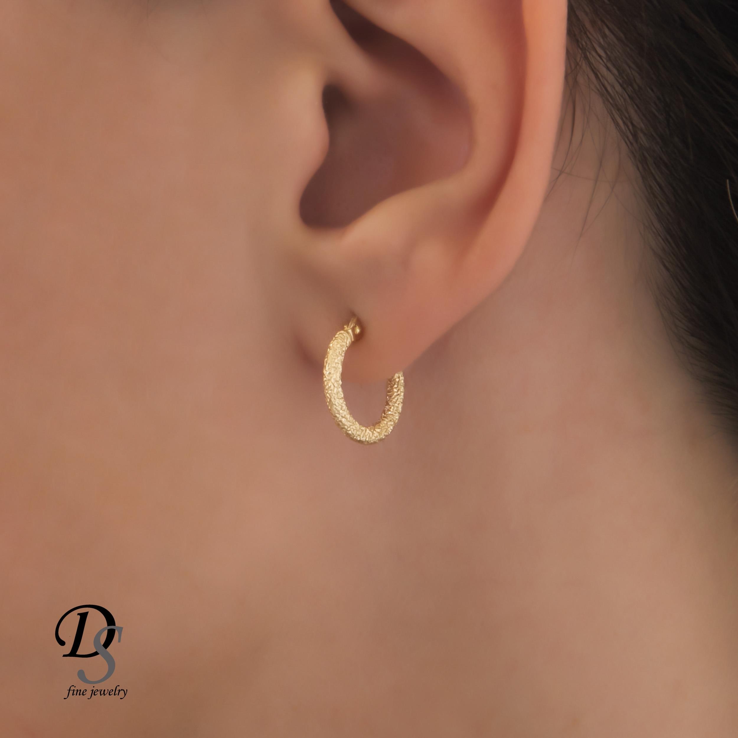 Solid Gold Dainty Hoop Earrings, 14k Matte Textured Finish Hoops, Real Gold Minimalist Everyday Earrings, 14k Gold Fine Hinged Hoop Earrings