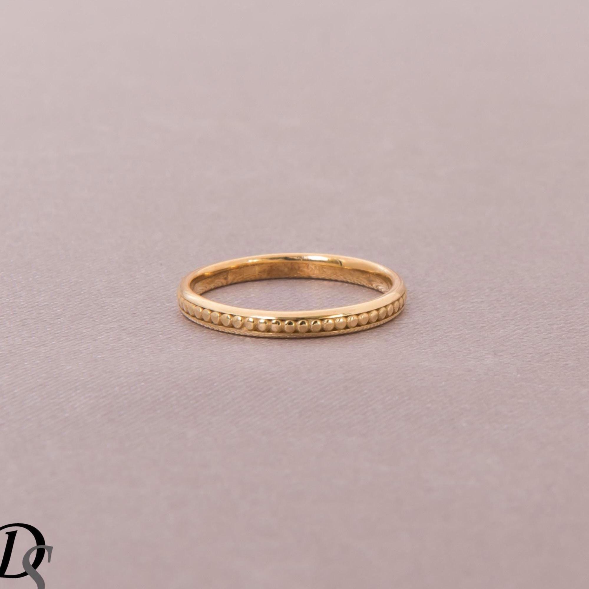 14k Beaded Wedding Band: Solid Gold Milgrain Handmade Stackable