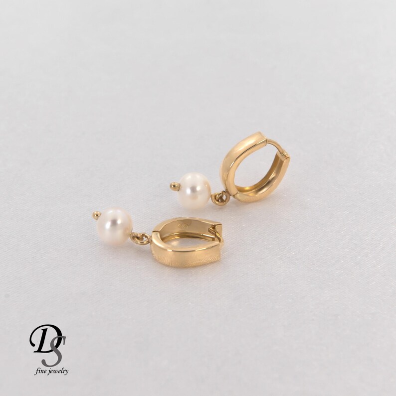 14k Solid Gold Pearl Drop Huggie Hoop Earrings – Minimalist Freshwater Pearl Jewelry image 3