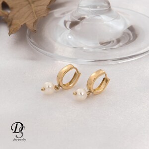 14k Solid Gold Pearl Drop Huggie Hoop Earrings – Minimalist Freshwater Pearl Jewelry image 4
