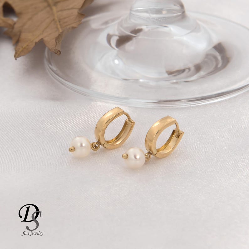 14k Solid Gold Pearl Drop Huggie Hoop Earrings – Minimalist Freshwater Pearl Jewelry image 4