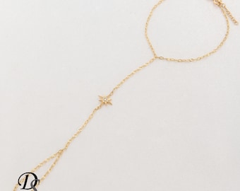 Solid Gold North Star Diamond Hand Chain, Ring Hand Chain Bracelet with Celestial Charm, 14k Modern Slave Bracelet, Boho Bridal Jewelry