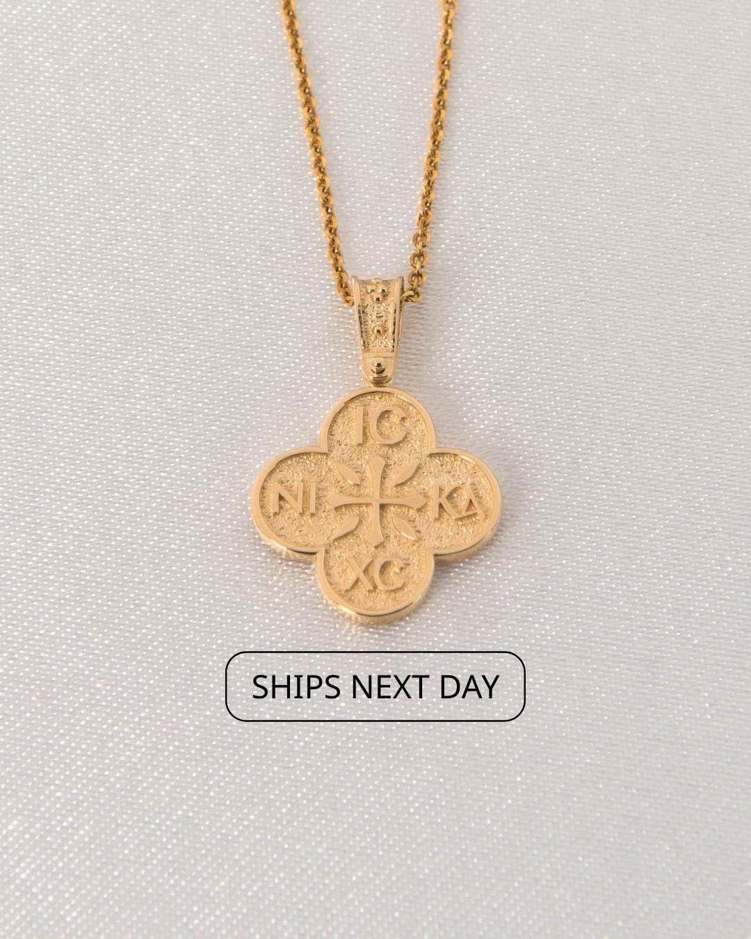 Gold Clover Cross Necklace: Byzantine Protection Christian Pendant