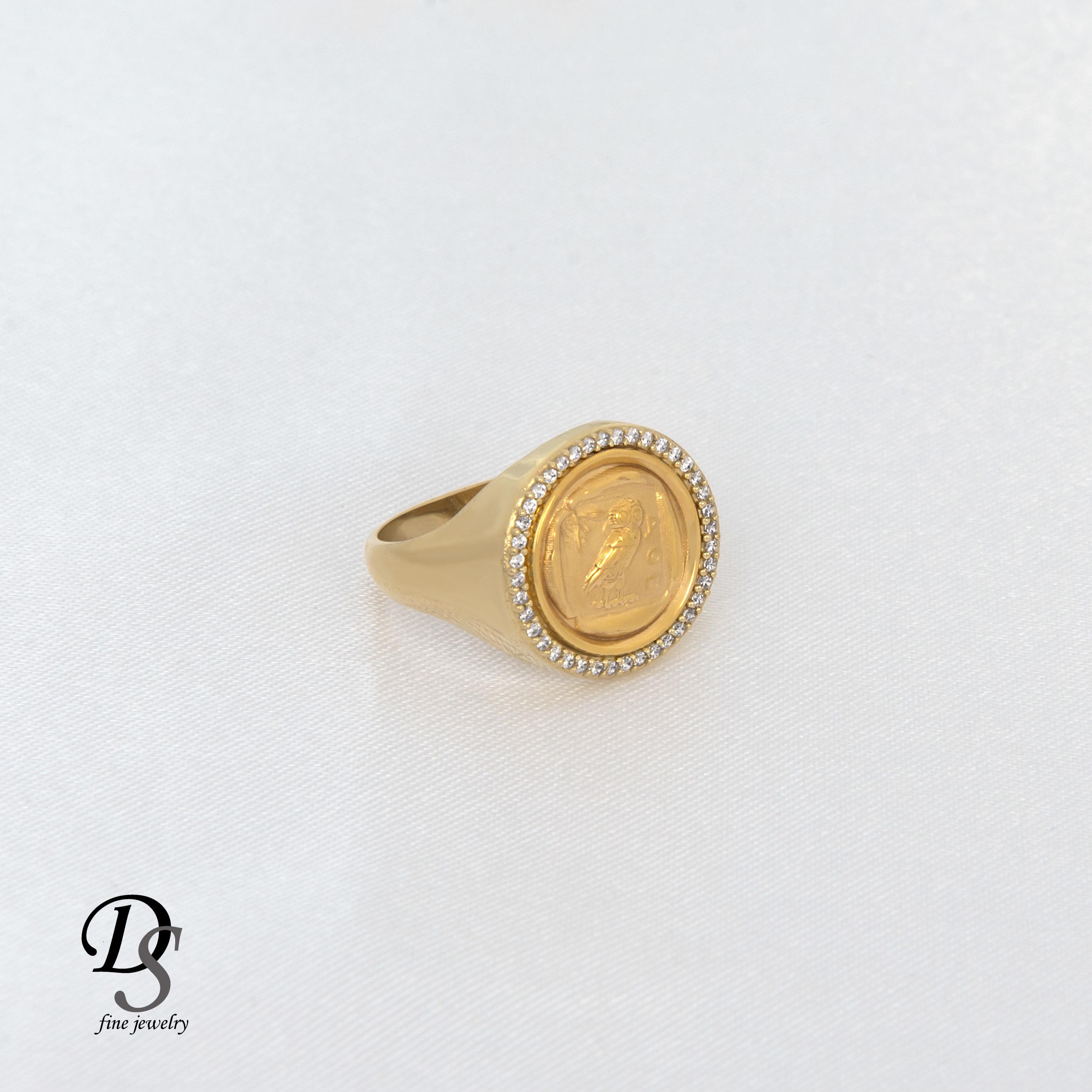 14k Gold Athena Owl Ring: Ancient Greek Halo Signet with CZ