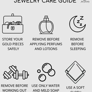 Puede incluir: Una gu&iacute;a para el cuidado de joyas con texto e ilustraciones lineales. La gu&iacute;a aconseja guardar las piezas de oro de forma segura, quitarse las joyas antes de aplicar perfumes, dormir y hacer ejercicio. Tambi&eacute;n recomienda limpiar con agua y jab&oacute;n suave y pulir con un pa&ntilde;o suave.