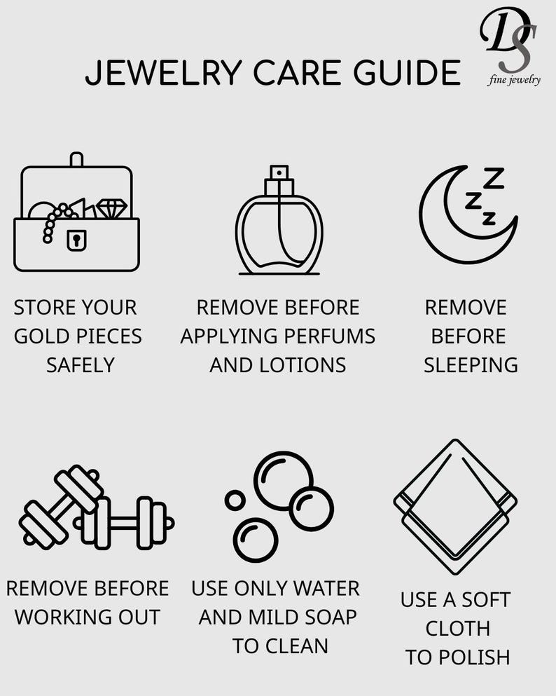 Puede incluir: Una gu&iacute;a para el cuidado de joyas con texto e ilustraciones lineales. La gu&iacute;a aconseja guardar las piezas de oro de forma segura, quitarse las joyas antes de aplicar perfumes, dormir y hacer ejercicio. Tambi&eacute;n recomienda limpiar con agua y jab&oacute;n suave y pulir con un pa&ntilde;o suave.