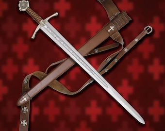 Handmade Knights Templar Sword: The Accolade, High Carbon Steel with Leather Scabbard