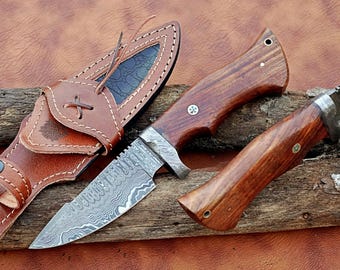Handmade Damascus Steel Hunting Knife: Walnut Handle, Leather Sheath