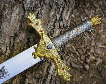 Handmade King Arthur Excalibur sword , Crown Head Merlin sword with Leather Sheath