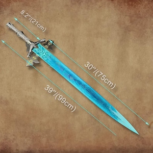 May include: A decorative sword with a blue blade and silver handle. The blade is 30 inches (75 cm) long, with an overall length of 39 inches (99 cm). The handle is 8.2 inches (21 cm) long.