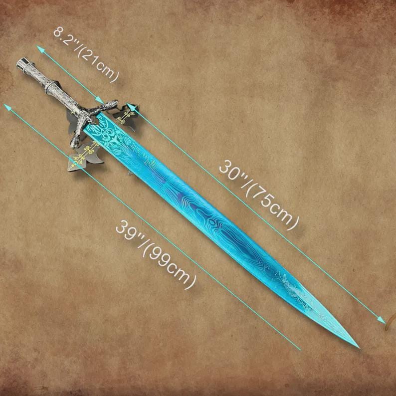 May include: A decorative sword with a blue blade and silver handle. The blade is 30 inches (75 cm) long, with an overall length of 39 inches (99 cm). The handle is 8.2 inches (21 cm) long.