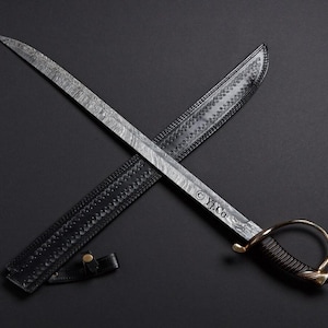 May include: A Damascus steel sword with a curved blade and a leather sheath. The sword has a brass handle and is set against a black background. The sheath is black leather with decorative stitching.