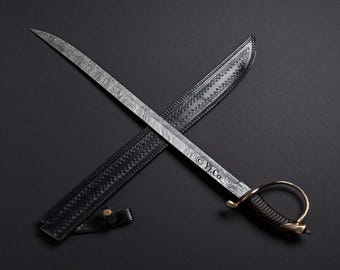 Hand Forged Damascus Steel Viking Sword: 32-inch Full Tang Cutlass with Sheath
