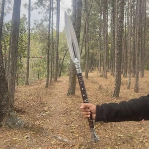 May include: A spear with a polished steel blade and a dark wooden handle. The handle is accented with silver-colored metal bands and rivets. The spear is held against a backdrop of a forest with tall trees and fallen leaves.
