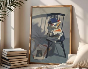 Gemütliche Leseecke Wandkunst, Bücherstapel auf Stuhl Druck, neutrales ästhetisches Dekor, Buchliebhaber digitaler Download, minimalistisches literarisches Kunstwerk