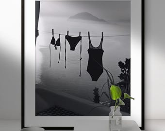 Hanging Bikini Print, Black and White Coastal Wall Art, Summer Poster, Vintage Print, Photography Prints, Museum Quality Photo Art Print
