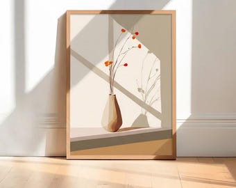 May include: A framed art print featuring a minimalist still life. A beige vase holds slender stems with orange berries. The artwork is set against a neutral background with shadows, creating a serene and modern aesthetic.