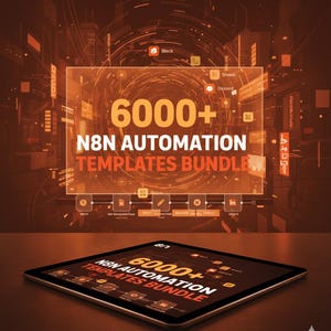 Könnte beinhalten: Ein digitales Tablet zeigt den Text "6000+ N8N AUTOMATION TEMPLATES BUNDLE" in Weiß und Orange. Das Bild hat ein futuristisches, technisches Design mit Orange- und Brauntönen und Icons für Slack, Sheets und Discord.