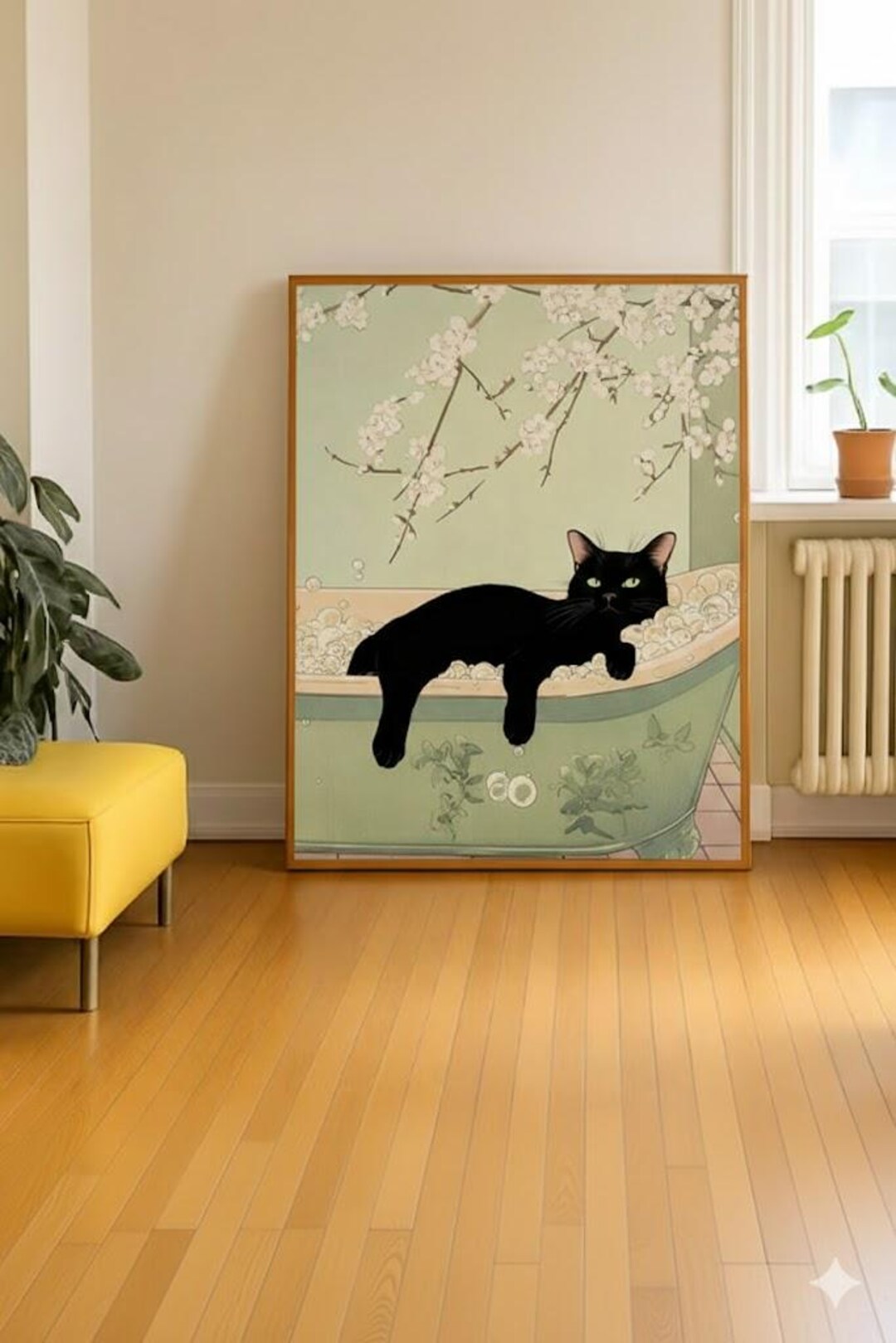 Black Cat in Bathtub: Japanese Bathroom Print, Minimalist Wall Art ...