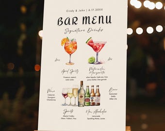 Wedding Bar Sign, Signature Drinks Sign, Custom Bar Menu Wedding, Editable Cocktail Menu