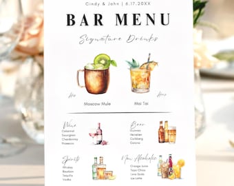 Plantilla para menú de bar de bodas: Bebidas de autor editables (descarga digital)