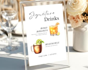 Letrero para barra de bodas, letrero de bebidas especiales, bebidas para él y para ella, menú de cócteles rústicos
