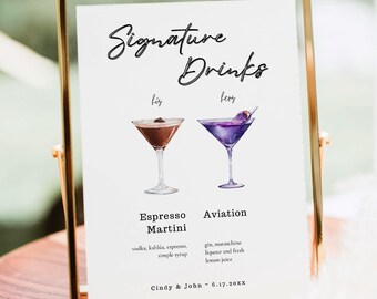 Plantilla editable para letrero de bebidas de boda: Menú de bar de Espresso Martini (Descarga digital, Canva Edit)