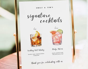 Letrero para bar de bodas, cócteles exclusivos editables para bodas, menú de cócteles Paloma al estilo antiguo