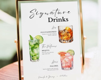 Plantilla personalizable de menú de bebidas de autor: Letrero para bar de bodas (descarga digital)