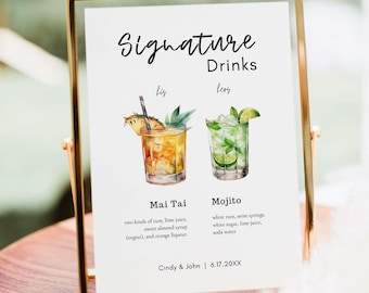 Letrero para menú de bar de bodas: Bebidas de autor, plantilla editable de Canva (descarga digital)