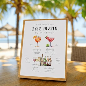 Hochzeits-Bar-Menü-Vorlage, Signatur-Getränkeschild, Benutzerdefiniertes Barmenü-Schild, bearbeitbare Cocktailkarte,