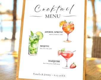 Menú de cócteles de autor editable: Plantilla para bar de bodas (descarga digital)