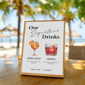 Hochzeits-Bar-Menü-Vorlage, Hochzeitsgetränkekarte, Signatur-Getränkeschild, Cocktailkarte, bearbeitbares Aperol Spritz Negroni-Schild, sein und ihr Getränk