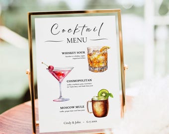 Plantilla de menú de cóctel de boda: Letrero imprimible (descarga digital)