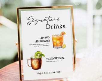 Plantilla de menú de bebidas de autor para bodas: Letrero de cóctel personalizable (descarga digital)