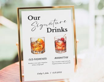 Letrero de bebida de autor, plantilla de menú de bar, letrero de bebida para boda, menú de cócteles, menú de bebidas Manhattan Old Fashioned personalizado para boda