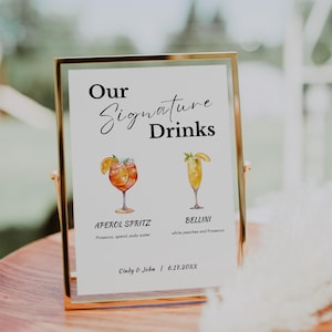 Signature Drinks Sign, Hochzeitsgetränkekarte, bearbeitbare Hochzeitsbarkarte, Aperol Spritz Bar Sign