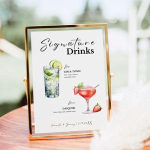 Modèle de menu de bar de mariage, carte de boissons signature modifiable, carte de cocktails personnalisée, enseigne de boisson Gin Tonic Daiquiri