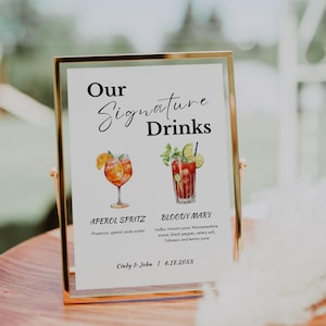 Signature Drink Schild, Cocktail Schild, Aperol Spritz Bloody Mary Hochzeitsgetränkekarte, Hochzeit Bar Menüschild