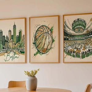 Boston Celtics Digital Print Set – Green and  Gold Abstract Basketball, Cityscape & TD Garden Wall Art