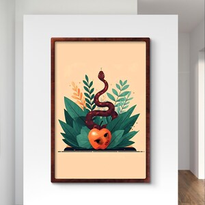 May include: A digital illustration of a red snake wrapped around a red apple with a human face. The apple is surrounded by green leaves and the background is a light orange colour.
