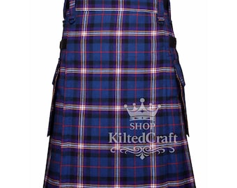 Kilt utilitaire en tartan maçonnique écossais fait main : lanières en cuir, poches cargo