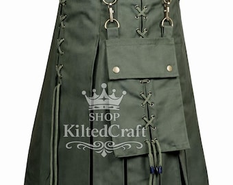 Kilt utilitaire en coton vert olive : kilt des Highlands écossais fait main