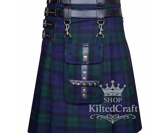 Kilt utilitaire tartan noir fait main : 16 oz, bracelets en cuir